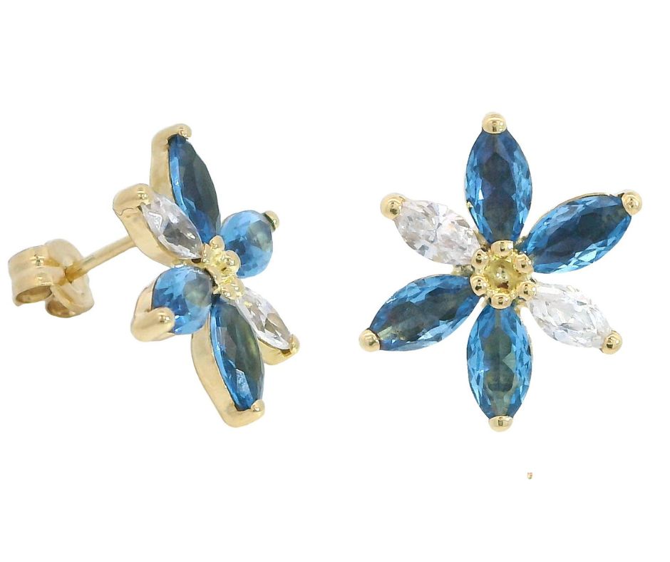PENDIENTES 6 PETALOS COMBIANADOS COLOR AGUAMARINA Y CIRCONITA 13MM