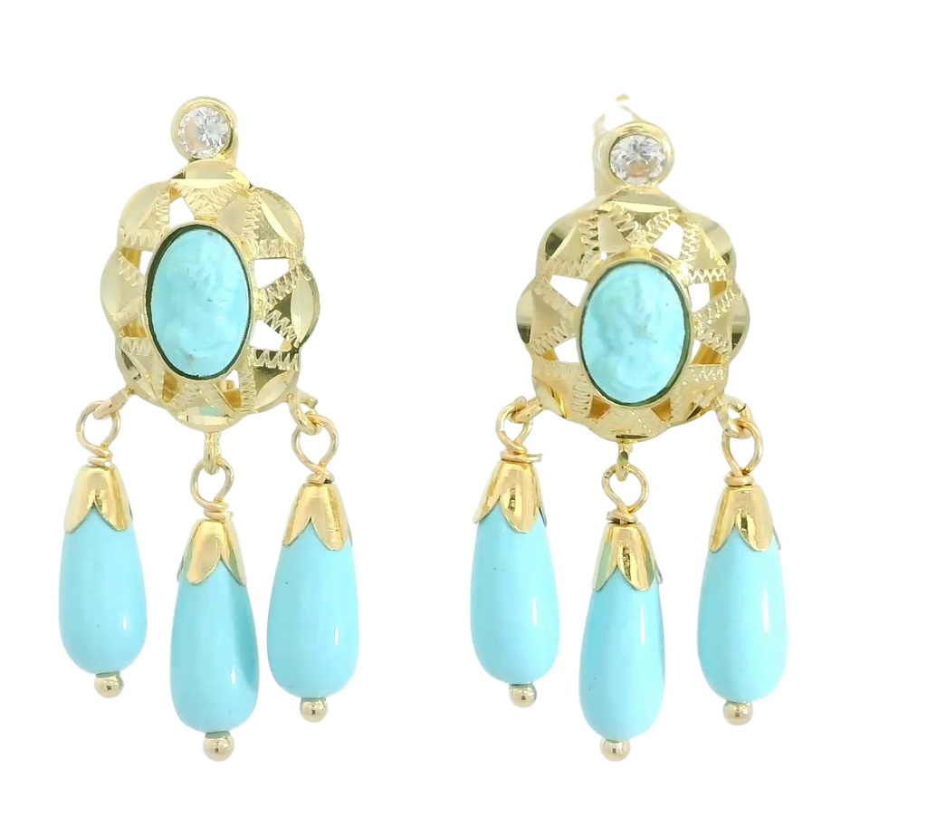 PENDIENTE CUBANA CAMAFEO 6x4MM.COLOR TURQUESA.27MM.TRES CAMPANAS.