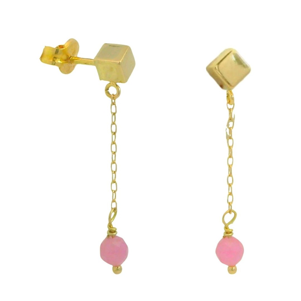PENDIENTES CADENA CUBO PIEDRA TURMALINA ROSA SEMIPRECIOSA