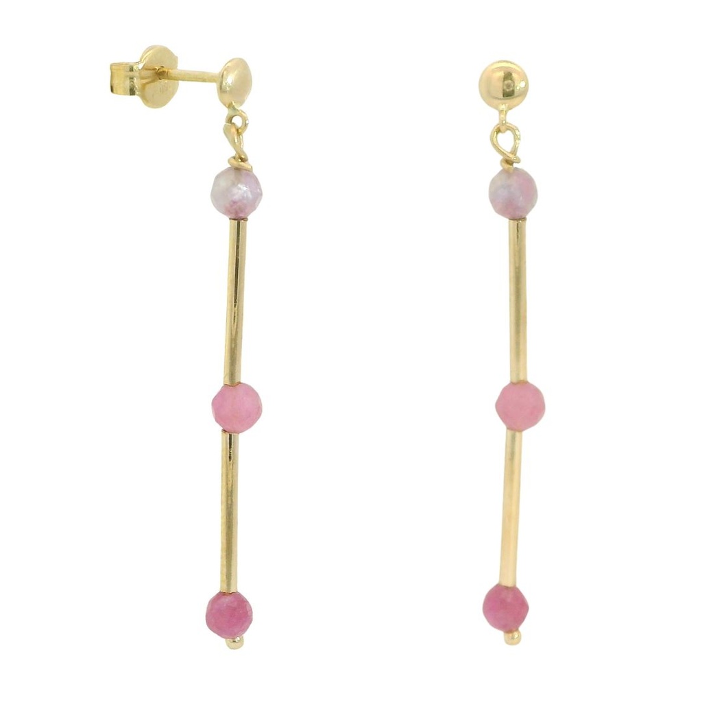 PENDIENTES LARGOS TUBOS CON PIEDRA TURMALINA ROSA SEMIPRECIOSA