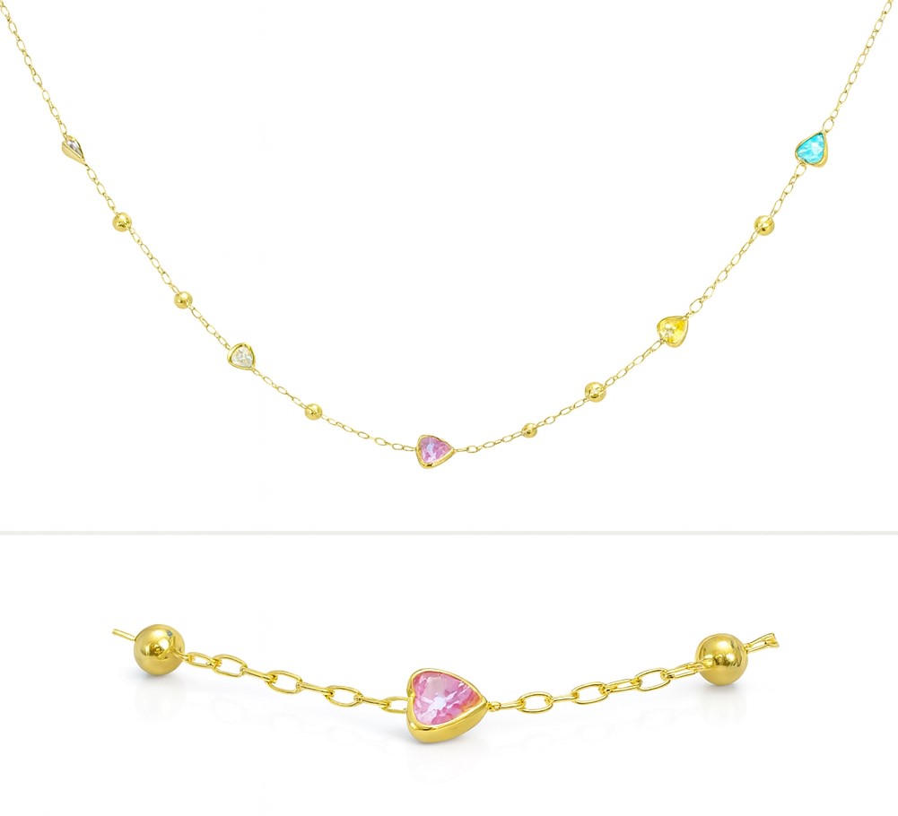 GARGANTILLA BOLAS Y CIRCONITAS  CORAZON DE COLOR .CADENA 45CM